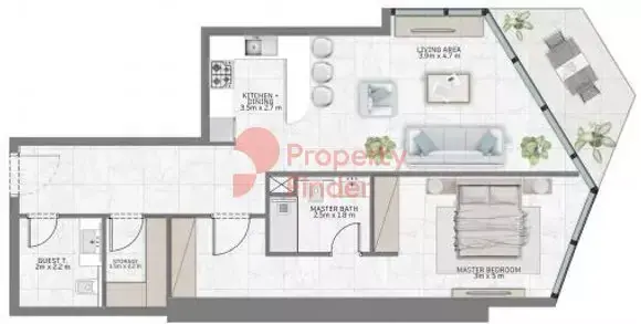 Планировка — 1-спальная, 90 м²