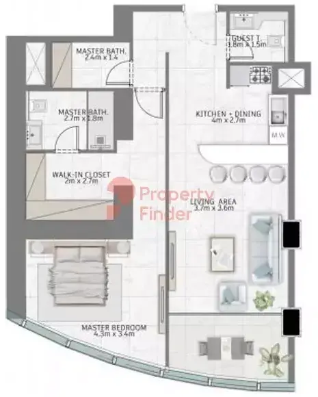 Планировка — 1-спальная, 114 м²