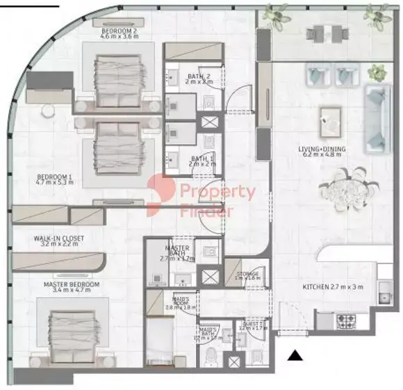 Планировка — 3-спальная, 169 м²