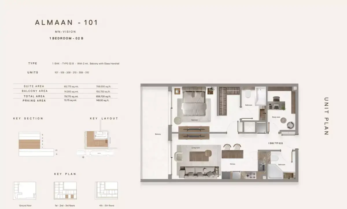 Планировка — 1-спальная, 80 м²