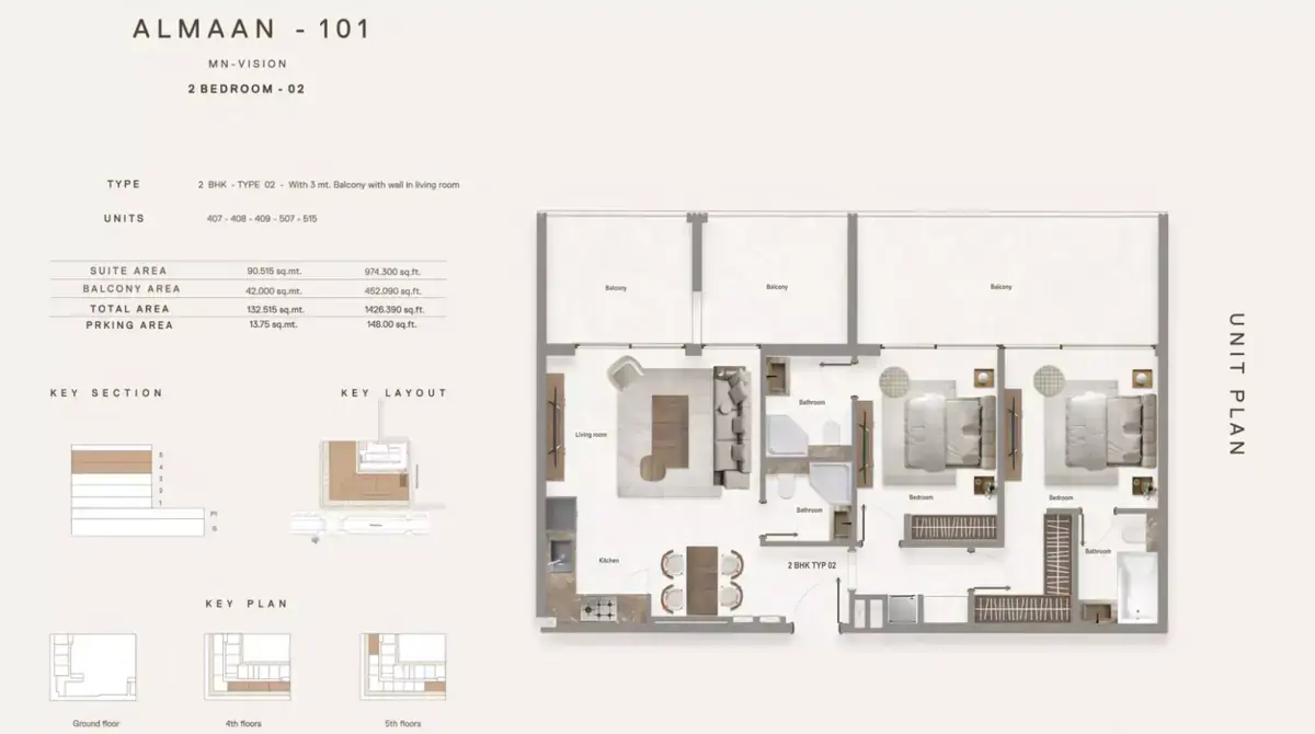 Планировка — 2-спальная, 132 м²