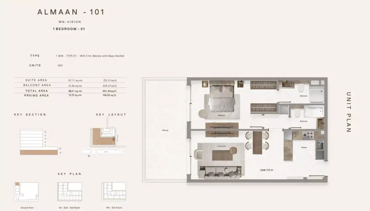 Планировка — 1-спальная, 88 м²