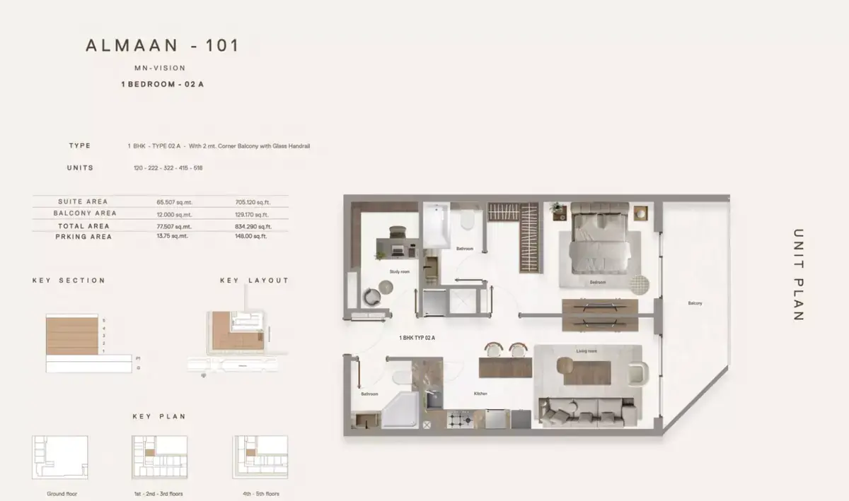 Планировка — 1-спальная, 77 м²