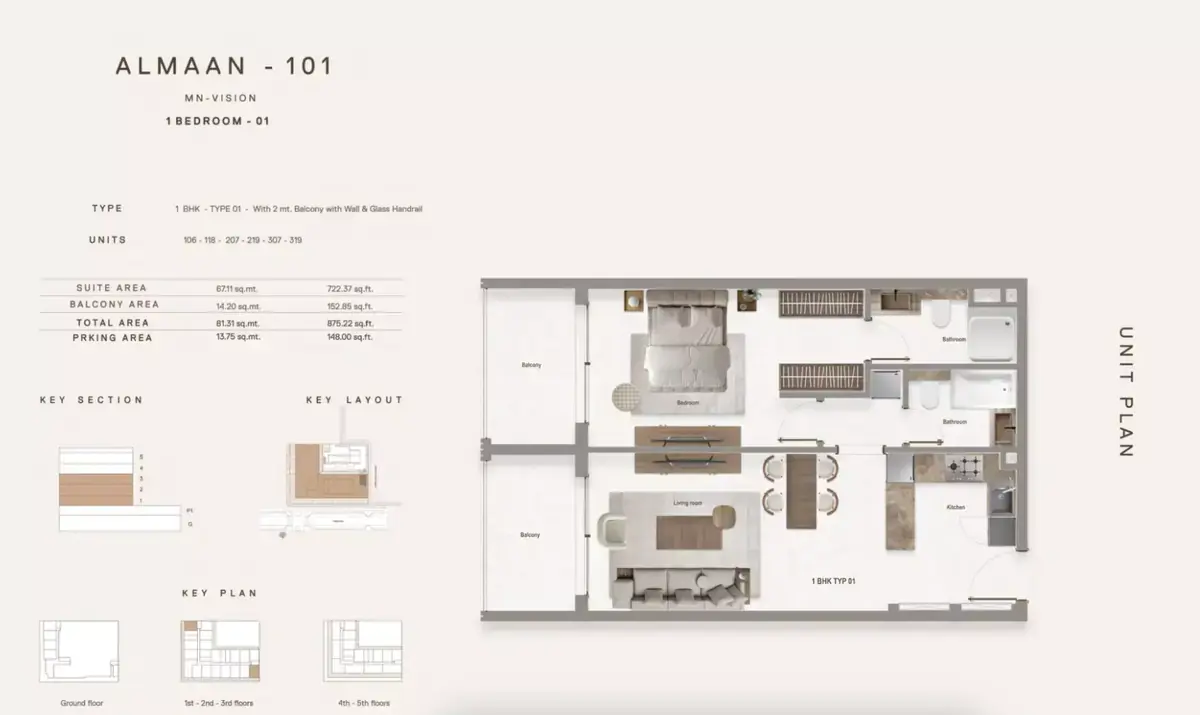 Планировка — 1-спальная, 81 м²