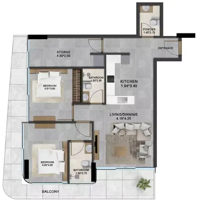 Планировка — 2-спальная, 36 м²