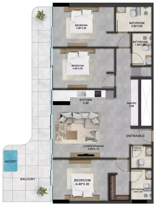 Планировка — 3-спальная, 41 м²