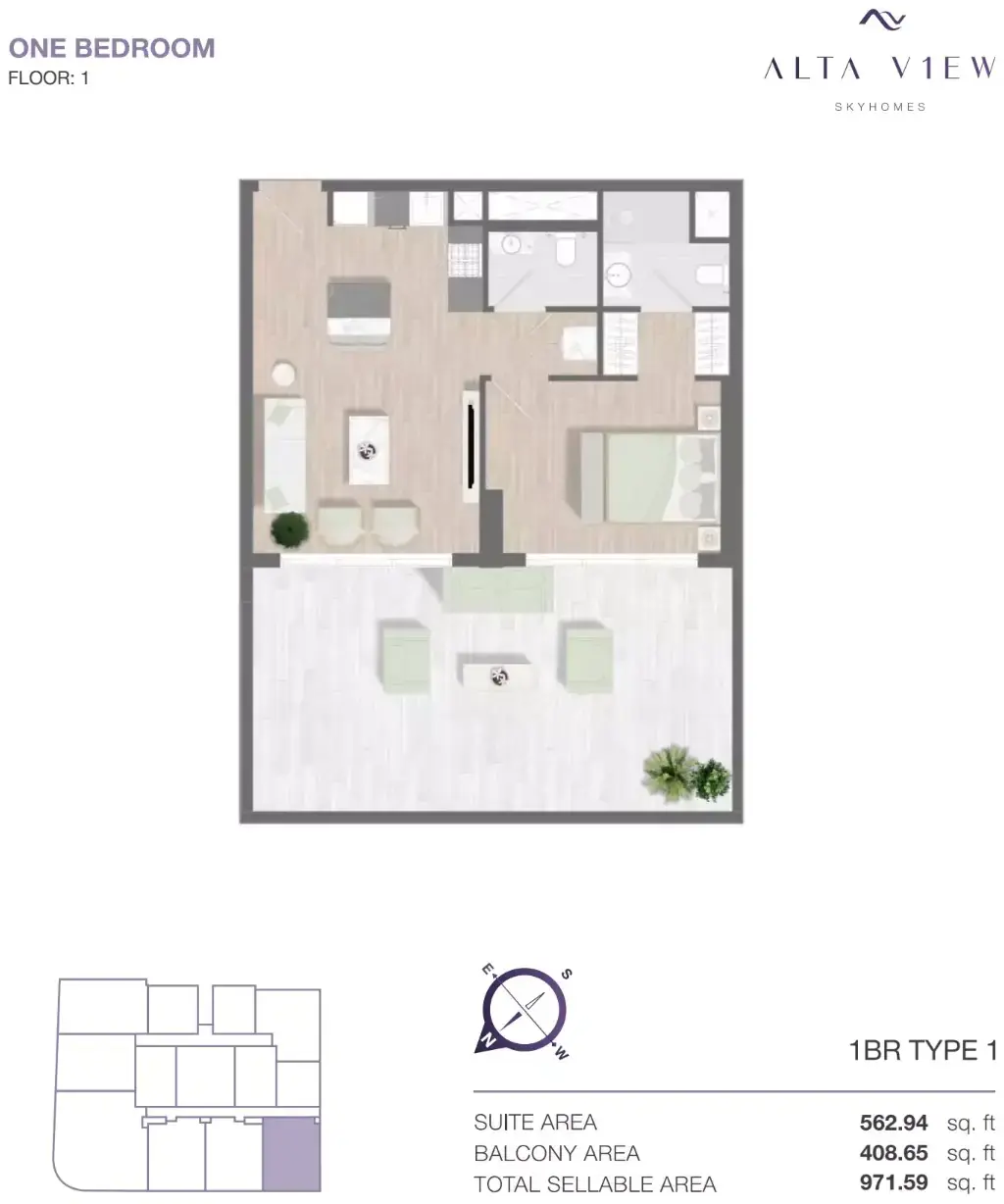 Планировка — 1-спальная, 90 м²