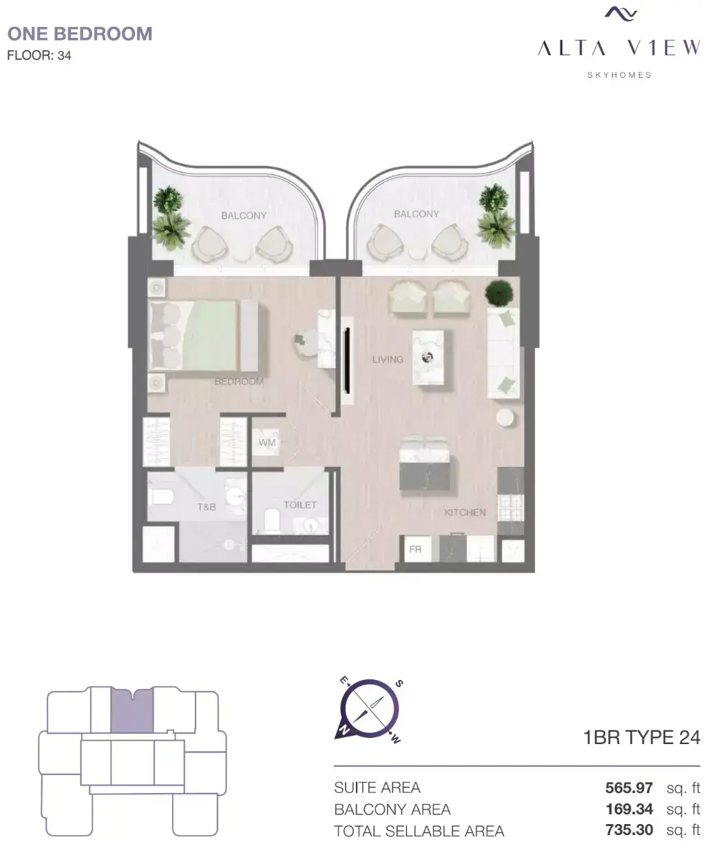 Планировка — 1-спальная, 68 м²