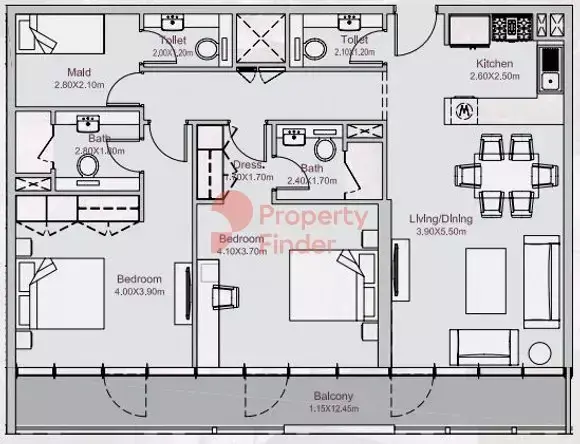 Планировка — 2-спальная, 117 м²