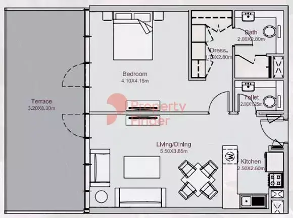 Планировка — 1-спальная, 96 м²