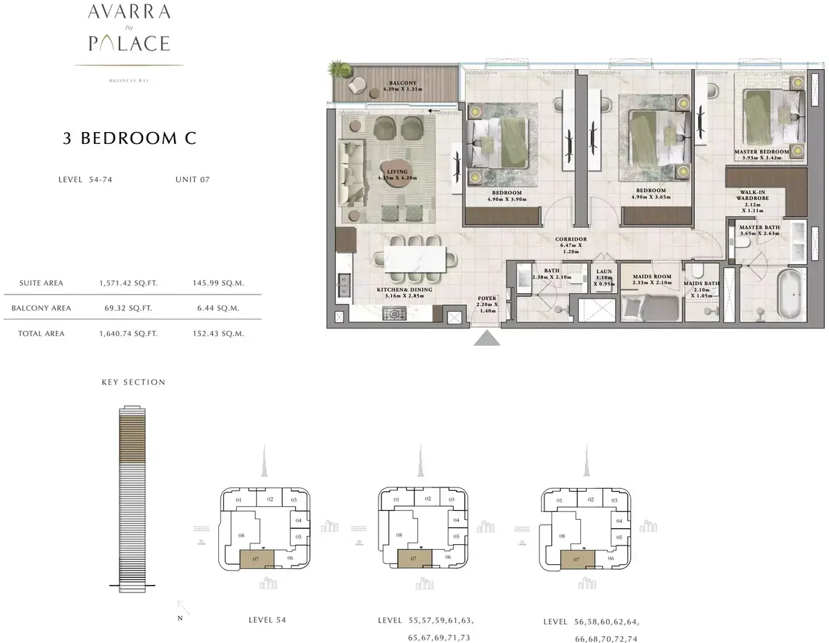 Планировка — 3-спальная, 152 м²