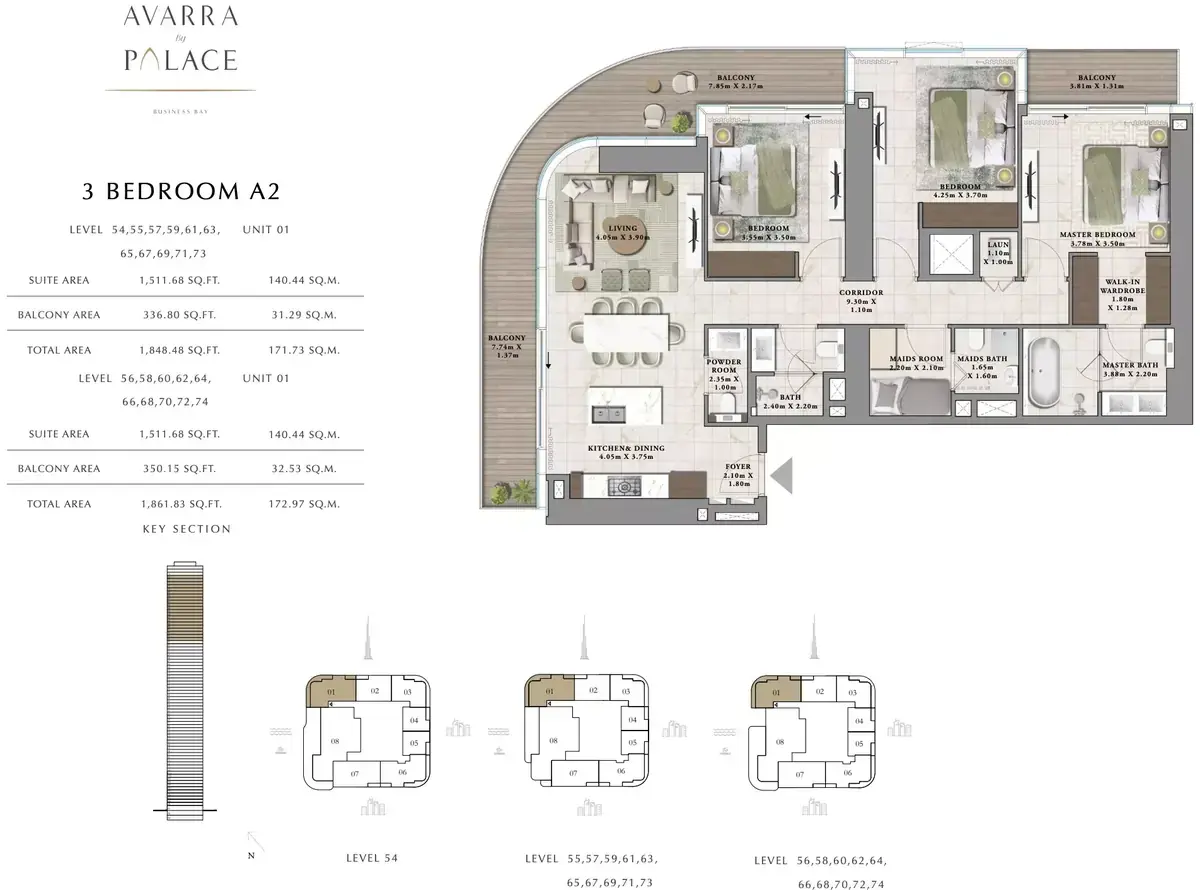 Планировка — 3-спальная, 172 м²