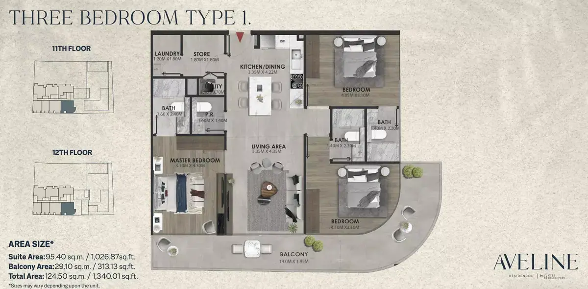 Планировка — 3-спальная, 124 м²