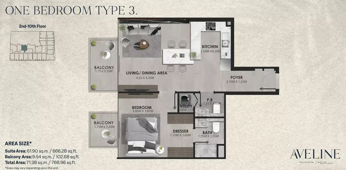 Планировка — 1-спальная, 71 м²