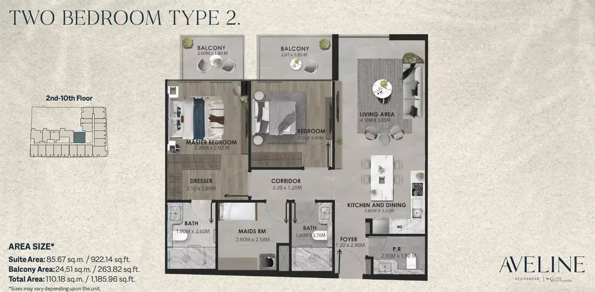 Планировка — 2-спальная, 110 м²