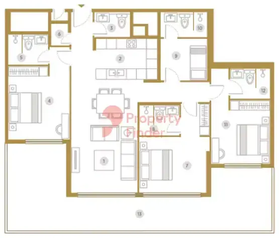 Планировка — 3-спальная, 206 м²