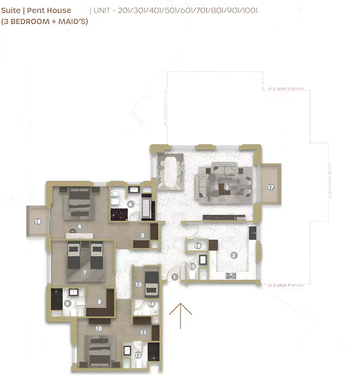 Планировка — 3-спальная, 212 м²
