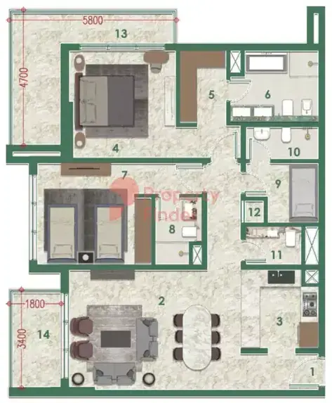Планировка — 2-спальная, 130 м²
