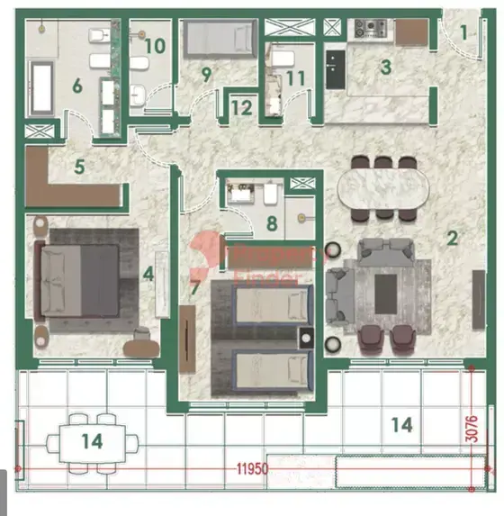 Планировка — 2-спальная, 144 м²