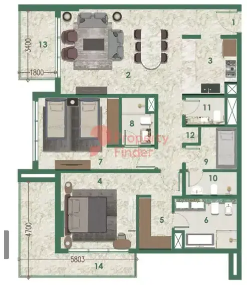 Планировка — 2-спальная, 130 м²