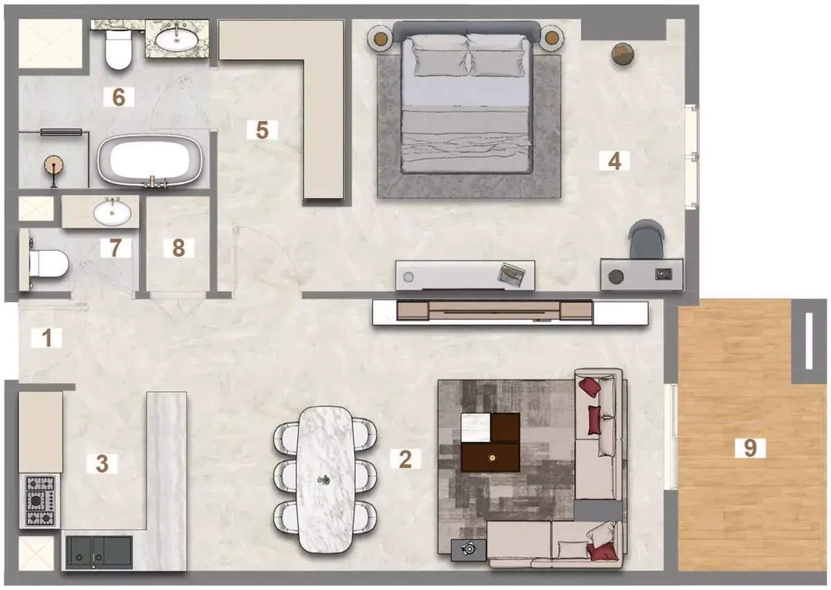 Планировка — 1-спальная, 82 м²