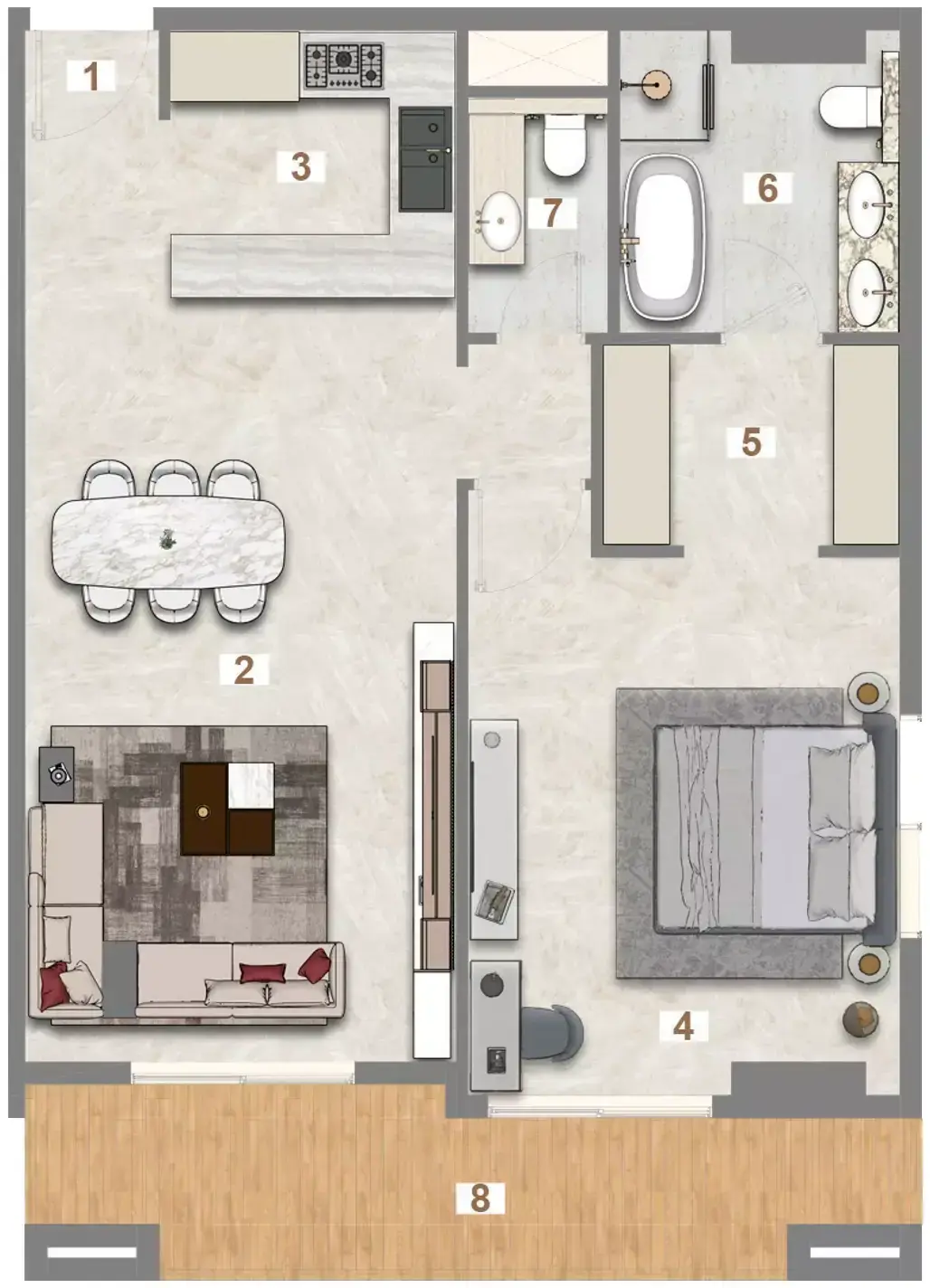 Планировка — 1-спальная, 89 м²
