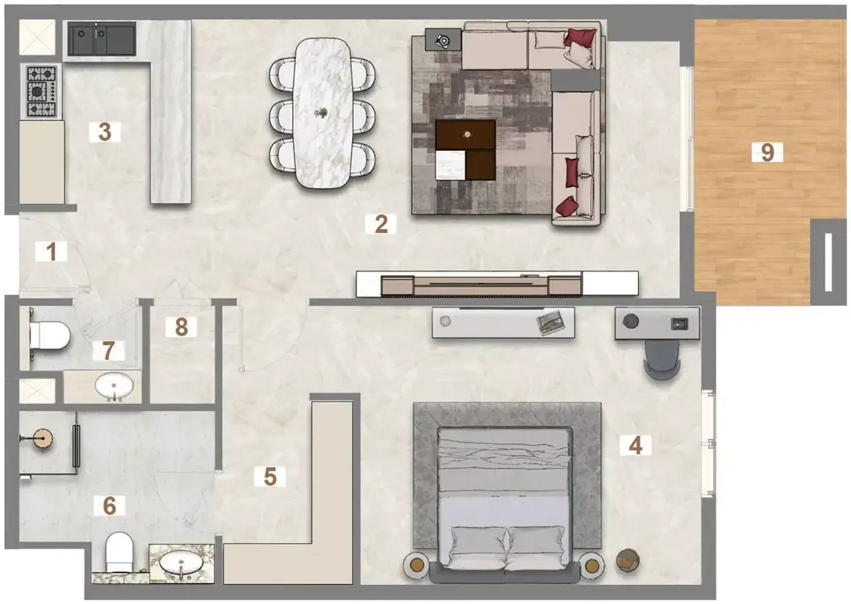 Планировка — 1-спальная, 83 м²