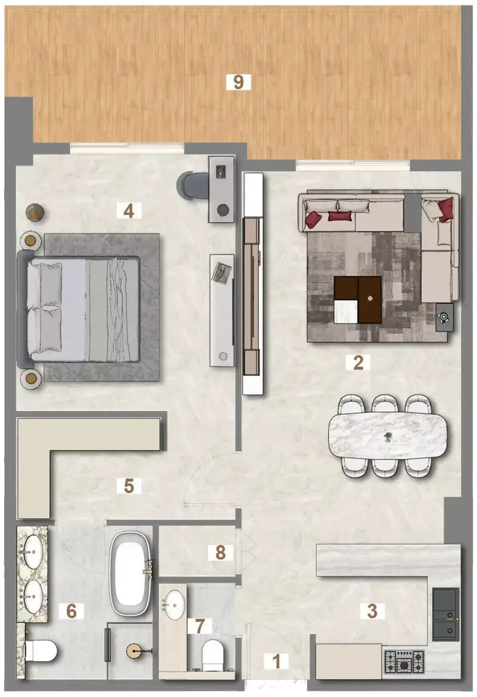 Планировка — 1-спальная, 94 м²