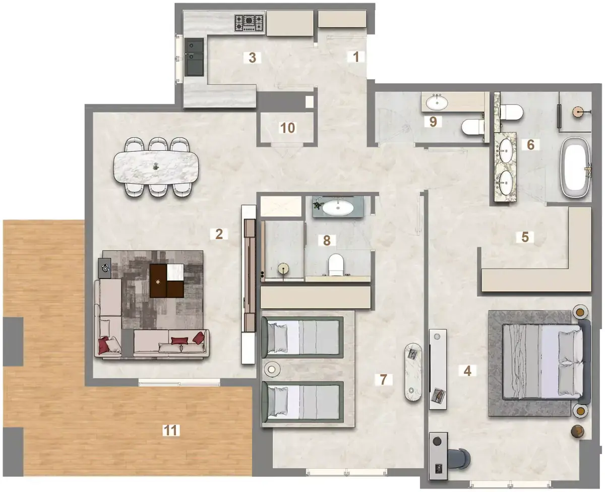 Планировка — 2-спальная, 138 м²