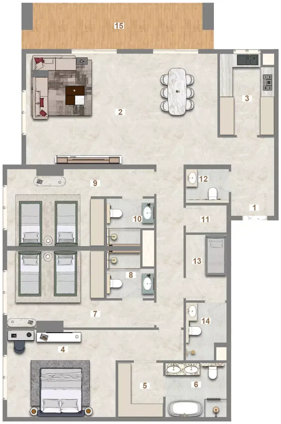 Планировка — 3-спальная, 187 м²