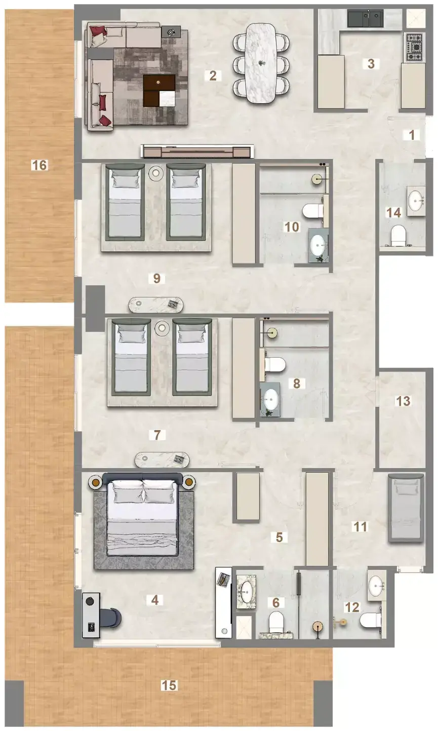 Планировка — 3-спальная, 189 м²