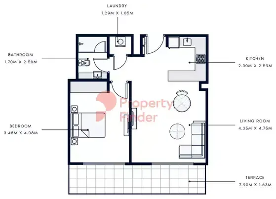 Планировка — 1-спальная, 74 м²