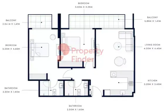 Планировка — 2-спальная, 91 м²