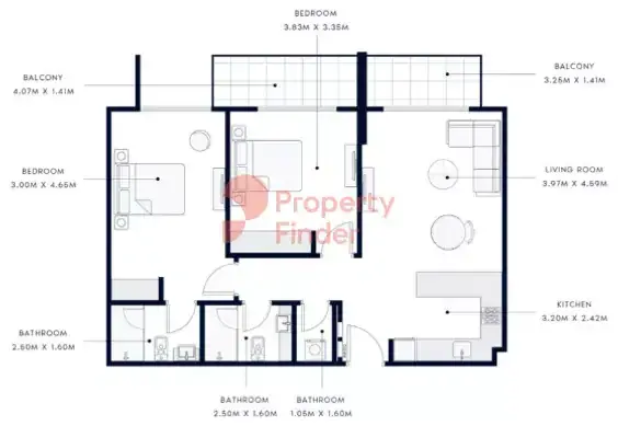 Планировка — 2-спальная, 92 м²