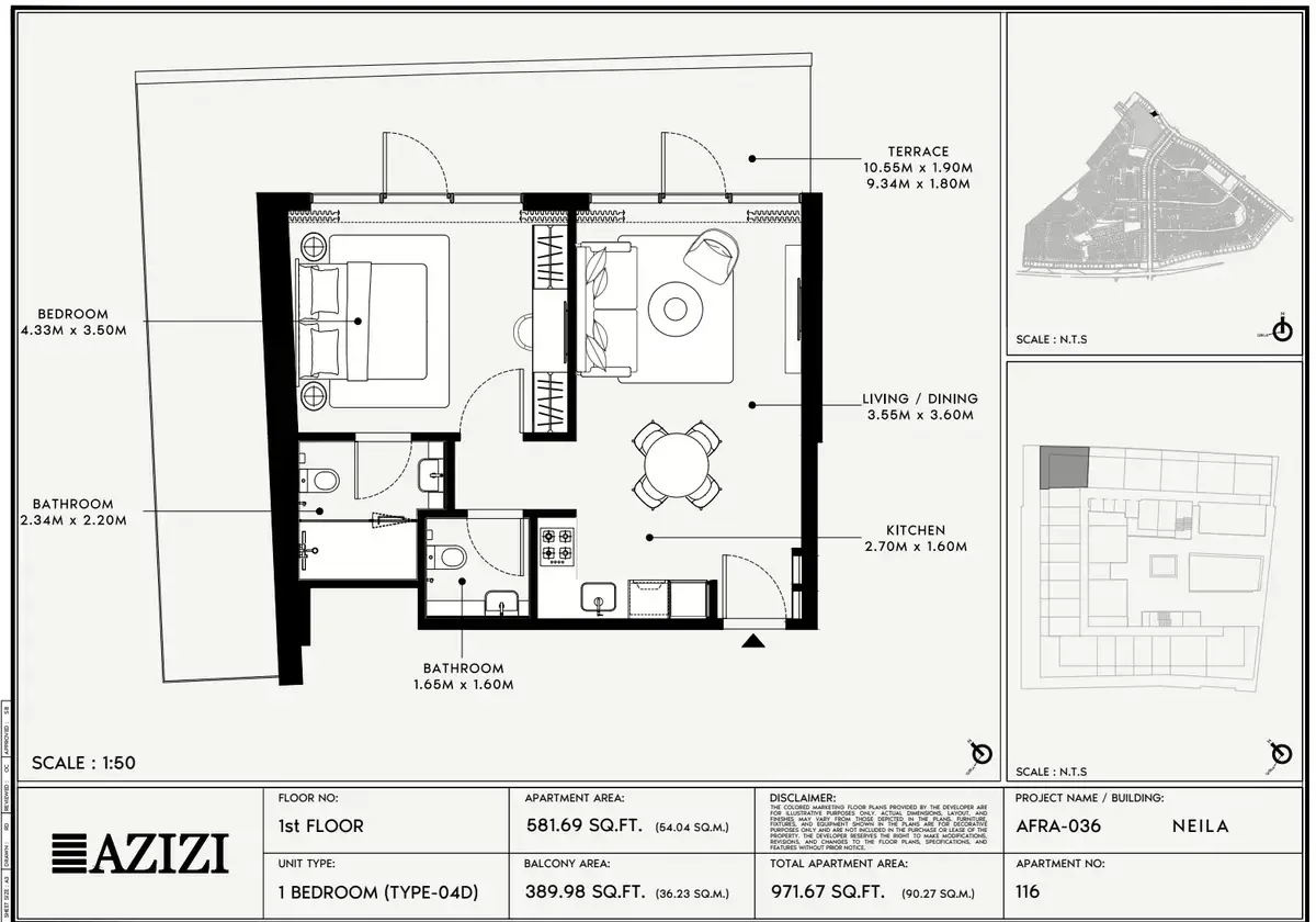 Планировка — 1-спальная, 90 м²