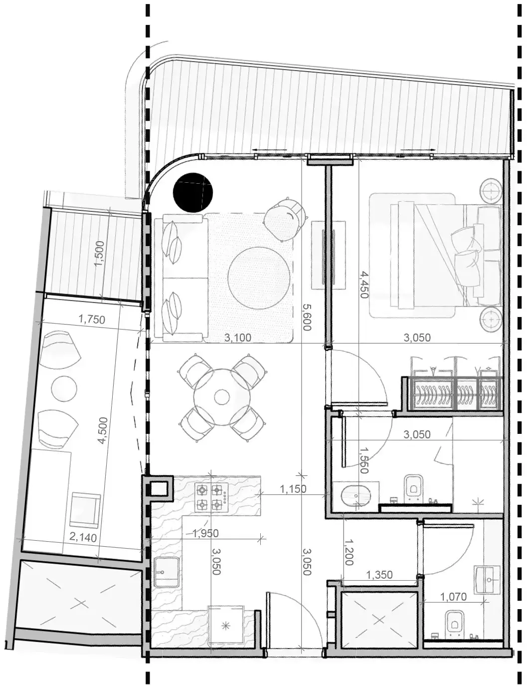 Планировка — 1-спальная, 80 м²