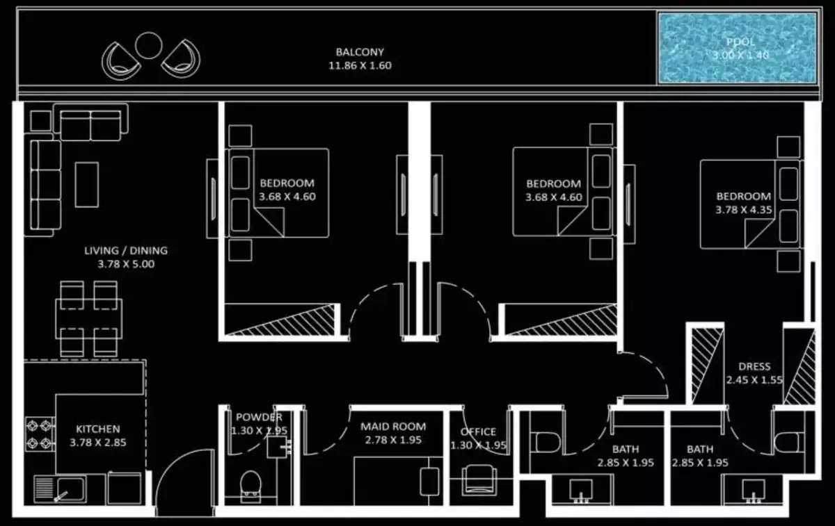 Планировка — 3-спальная, 140 м²