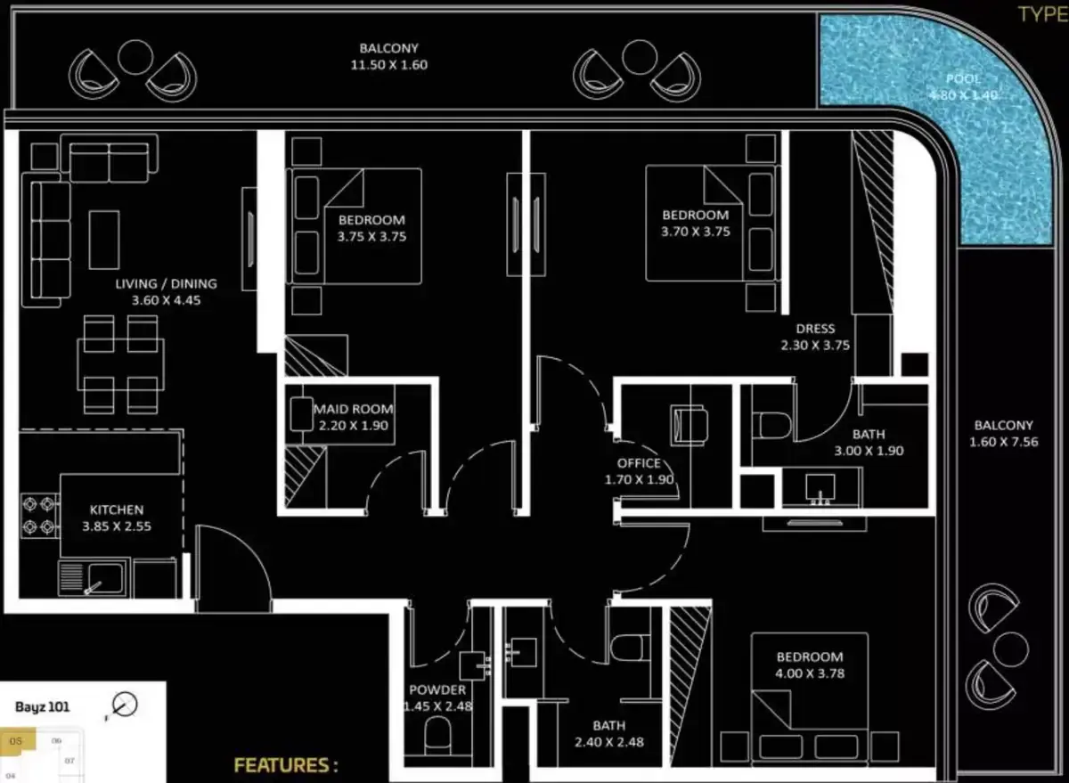 Планировка — 3-спальная, 149 м²