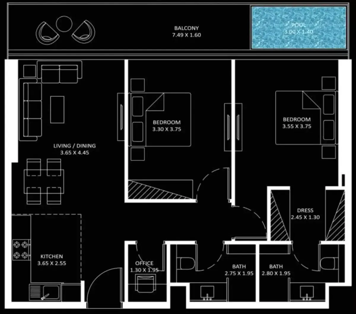 Планировка — 2-спальная, 90 м²