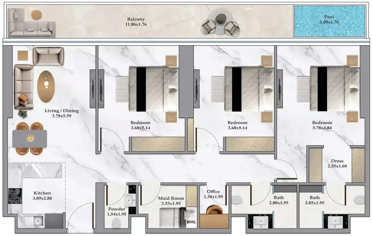 Планировка — 3-спальная, 148 м²