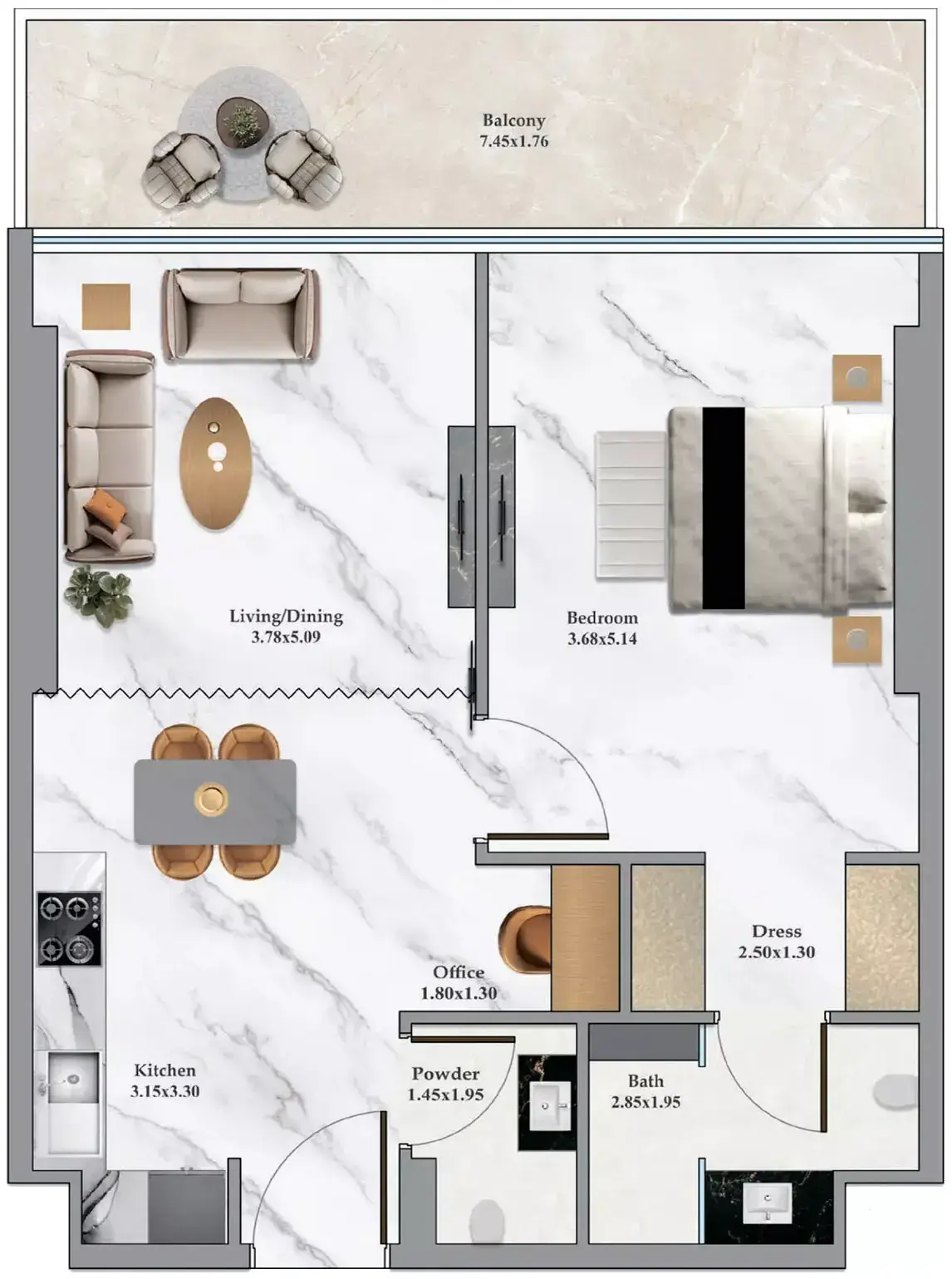 Планировка — 1-спальная, 70 м²