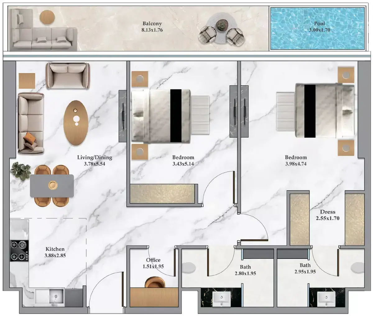 Планировка — 2-спальная, 105 м²