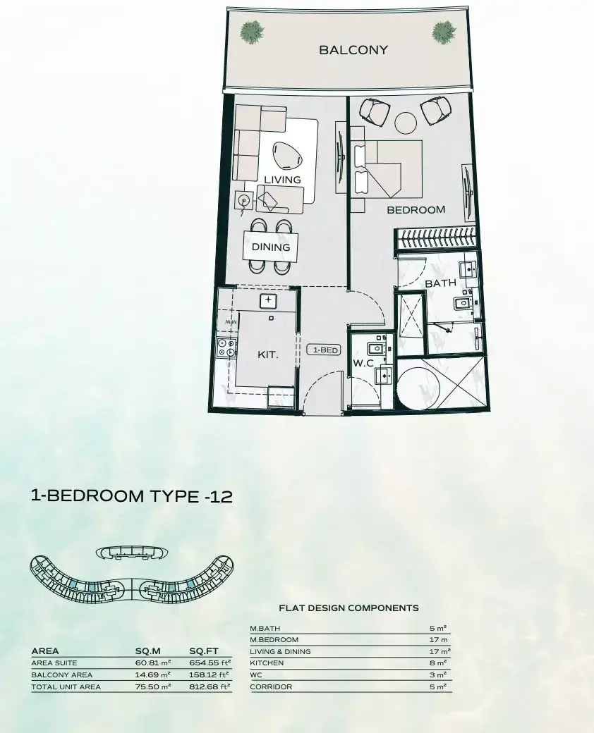 Планировка — 1-спальная, 75 м²