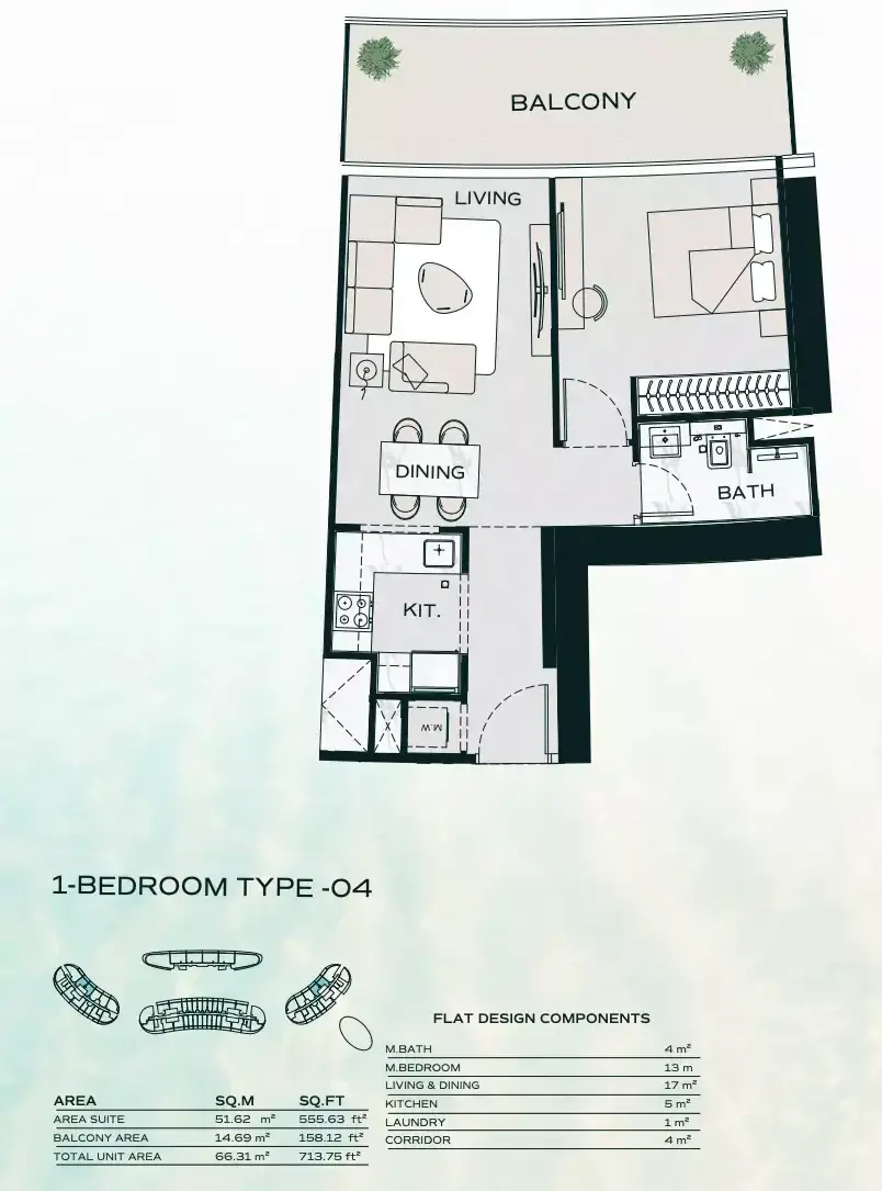 Планировка — 1-спальная, 66 м²