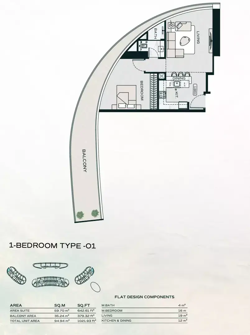 Планировка — 1-спальная, 95 м²