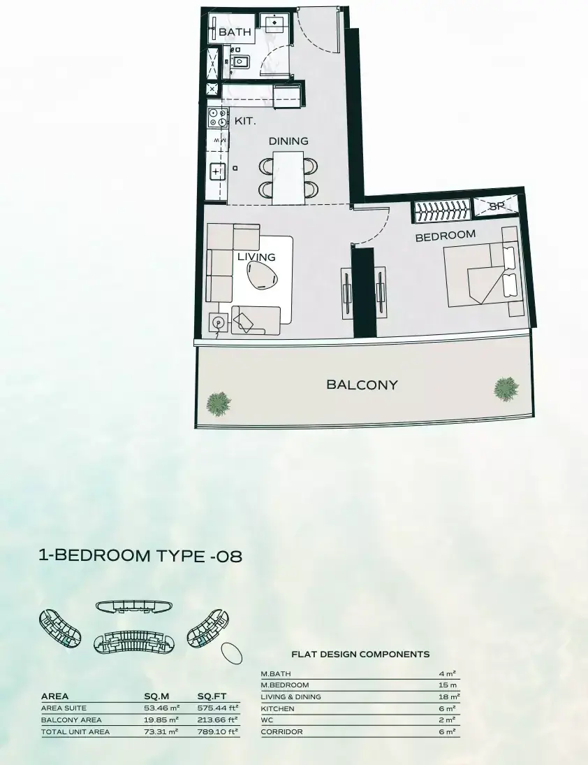 Планировка — 1-спальная, 73 м²