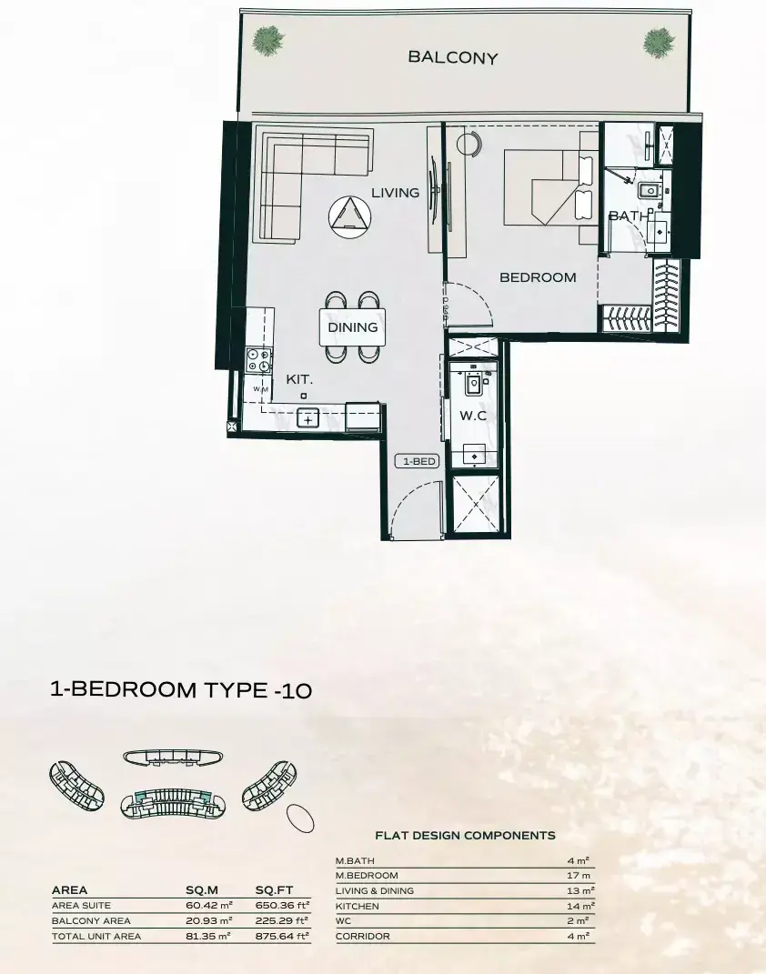 Планировка — 1-спальная, 81 м²