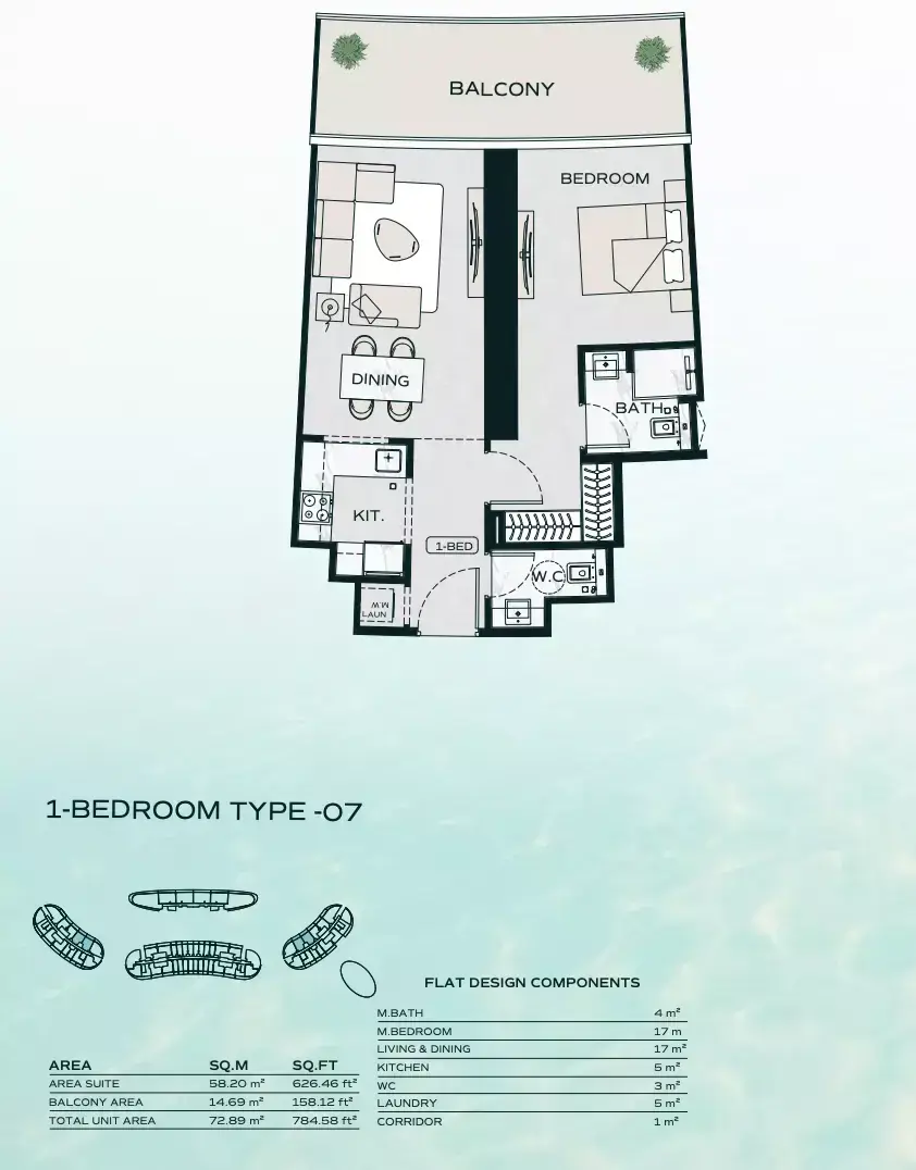 Планировка — 1-спальная, 73 м²
