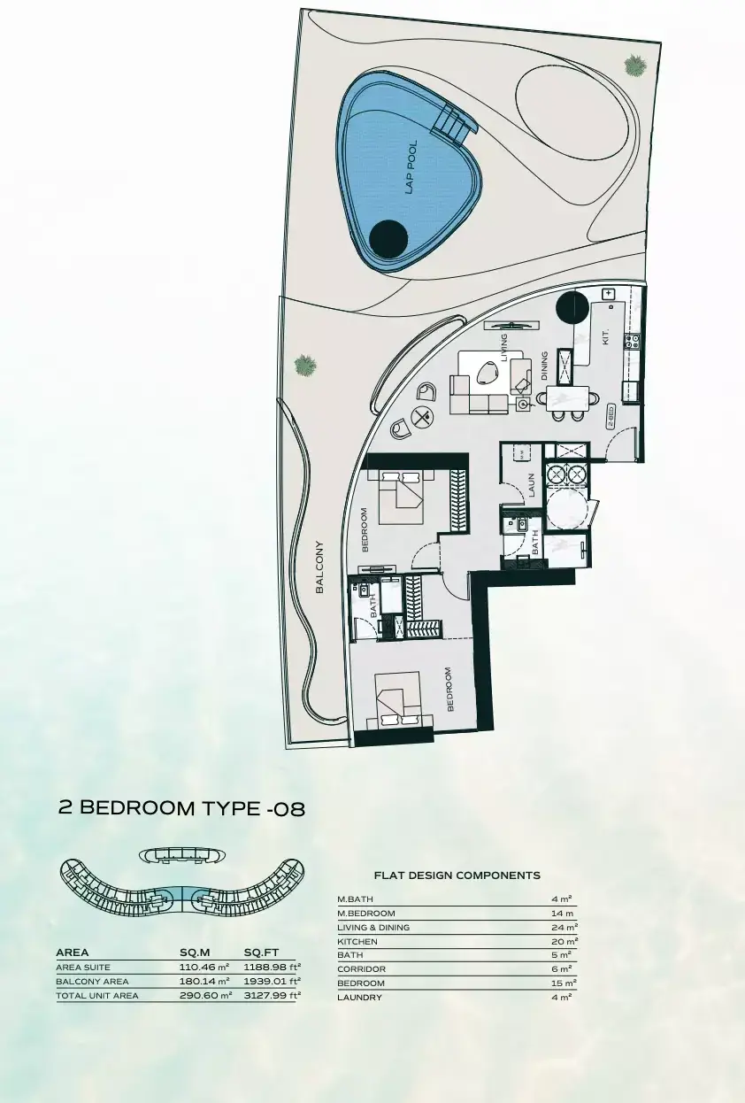 Планировка — 2-спальная, 291 м²
