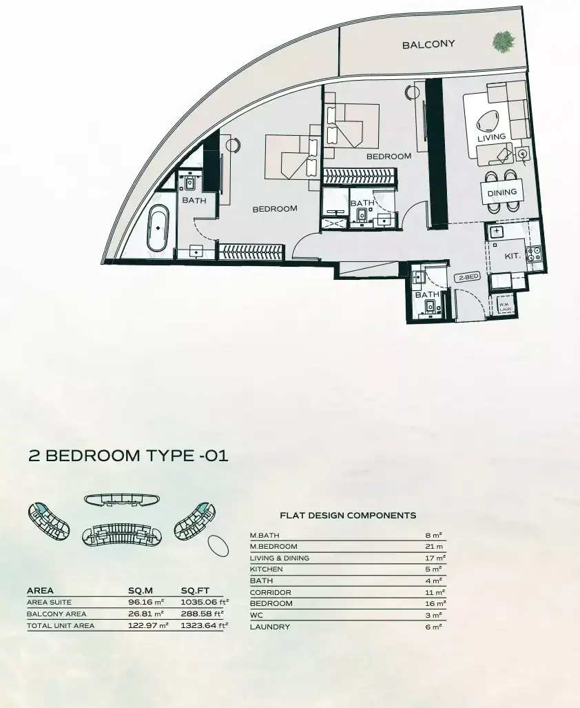 Планировка — 2-спальная, 123 м²